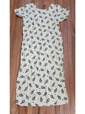 Vintage 100% Linen Maxi Dress Beach Vacation Cruise USA Cover-Up Large Fish AOP